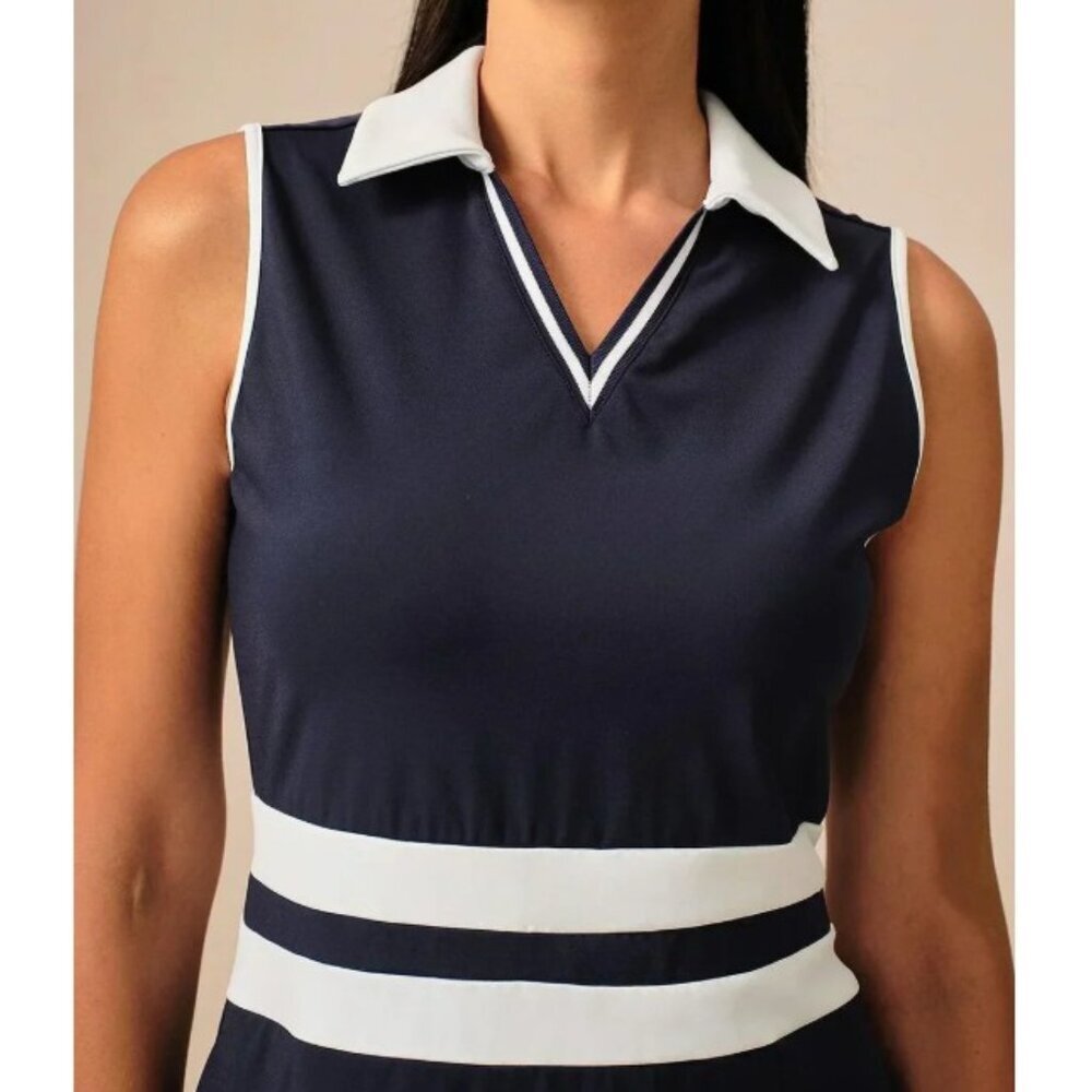 Acegolfs Navy core Sleeveless V-Neck Color Block Dress UPF50+ - Picture 5 of 9
